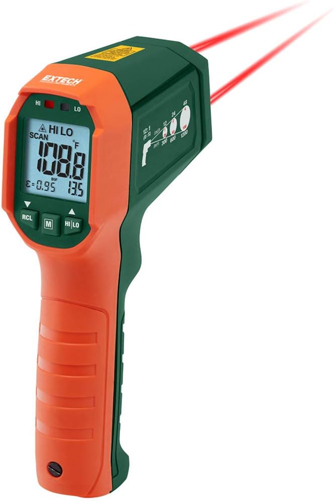 Extech IR320 Dual Laser IR Thermometer: Waterproof IP65 & 3m Drop-Proof, -20 to 650°C (-4 to 1202°F) Range, 12:1 Distance Ratio, High/Low Alarms with LED Alerts - for HVAC, Automotive & Industrial