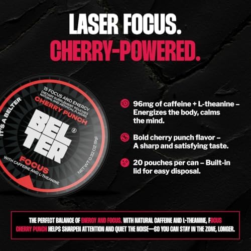 BELTER Focus - Cherry Punch - Caffeine Pouches - 15 Count - Fast-Acting - Zero-Calorie Energy Boost with L-Theanine - 96mg Caffeine Per Pouch - Ideal for Sports, Gym, Gaming, & Work