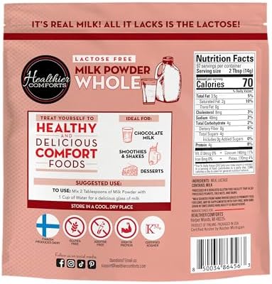 Healthier Comforts Lactose Free Whole Milk Powder | Non-GMO, rBST Hormone Free, Kosher, Gluten Free, No Fillers | Baking, Coffee Creamer, Shakes, Pantry Staple, Camping | Makes Over 5 Gallons (3 lb)