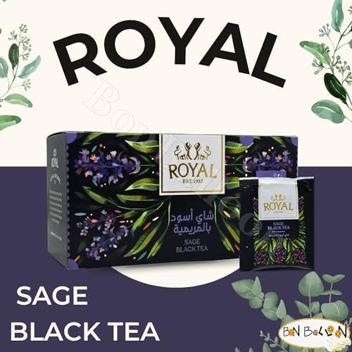 bonballoon 🍒 Royal Marmaria Sage Black Tea Bag Pure Natural Drink Herbal Herb Chai Herbals Premium Oriental Egyptian Egypt Herbs Non Gmo No Additives No Artificial Coloring Kosher Halal ( 20 Bags ) رويال شاى اسود بالمريمية حلال