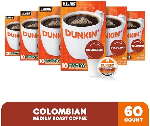 Dunkin’ Colombian Medium Roast Coffee, Keurig K-Cup Pods, 10 Count Boxes (Pack of 6)