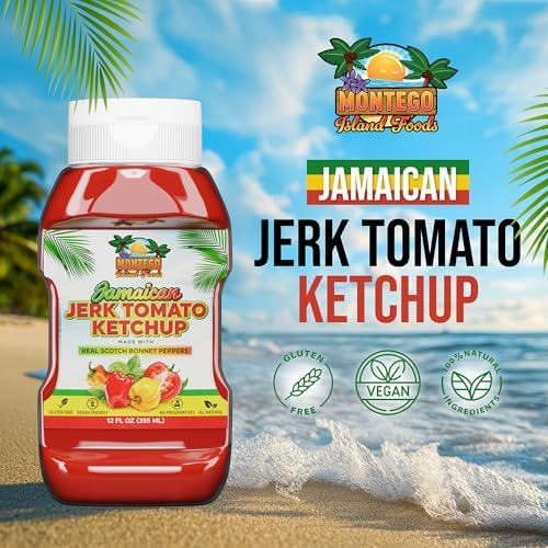 Montego Island Foods Jamaican Jerk Tomato Ketchup – Thick & Rich Premium Ketchup with Scotch Bonnet Peppers, Allspice & Bold Caribbean Spices – All-Natural, Gluten-Free, Vegan – 12 oz Squeeze Bottle