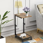 C Shaped End Table with Rolling Wheels, Height Adjustable Sofa Side Table for Small Space Bedroom, Industrial TV Tray Couch Table Cart for Living Room, Retro Brown & Black