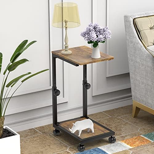 C Shaped End Table with Rolling Wheels, Height Adjustable Sofa Side Table for Small Space Bedroom, Industrial TV Tray Couch Table Cart for Living Room, Retro Brown & Black
