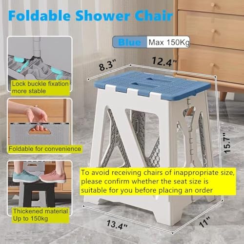 Foldable Bath Shower Safety Chair Seat Blue, Foldable and Anti-Slip Bench Bathtub Stool for Elderly or Seniors (Foldable ShowerChair 15.7" H Blue Seat Size 12.4" x 8.3“)