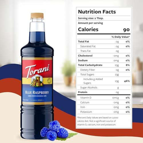 Torani Blue Raspberry Syrup 1 Liter Bottle with Pump Dispenser – Flavored Syrup with Pure Cane Sugar & Natural Ingredients – Perfect for Snow Cones, Shakes, Cocktails & Desserts