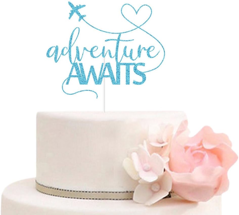Adventure Awaits Cake Topper 2024 Graduation/Going Away/Retirement/Bon Voyage/Baby Shower/Moving Party/Travel Theme Party Decorations Supplies Blue Glitter