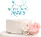 Adventure Awaits Cake Topper 2024 Graduation/Going Away/Retirement/Bon Voyage/Baby Shower/Moving Party/Travel Theme Party Decorations Supplies Blue Glitter
