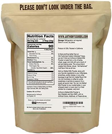 Anthony's Malted Milk Powder 1.5lb, For Ice Cream, Milk Shakes, and Baking, Non GMO, Made in USA