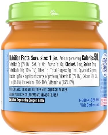 Gerber Stage 1 Baby Food, Organic Butternut Squash Jar, Baby Puree, Non-GMO, Vegetable, Puree Jars Glass, 10-pack