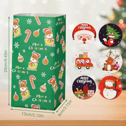 NACHLYNN Christmas Gift Bags 30 Pcs Kraft Paper with 30 Pcs Christmas Stickers Goody Bag for Party Favors Supplies Kraft Holiday (Multicolor)
