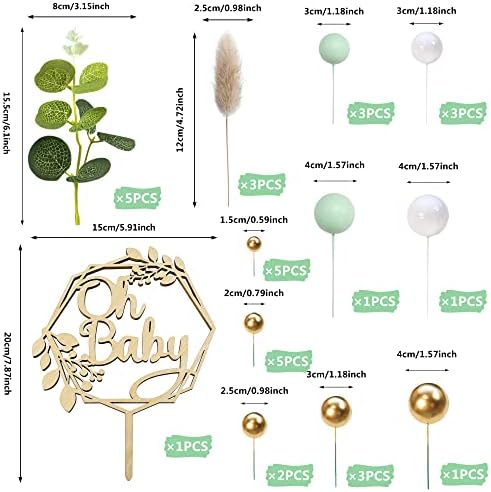 33 PCS Wood Oh Baby Cake Topper Balls Cake Topper Balls Cake Decorations with Artificial Leaves for Baby Shower Newborn Birthday Party Gender Reveal Decorations Cake Party Supplies