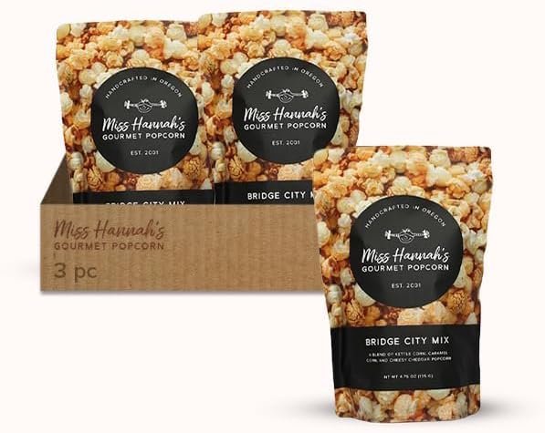 Miss Hannah's Gourmet Popcorn Bridge City Mix - Sweet Caramel, Savory Cheddar, & Classic Kettle Corn Blend | Perfect Snack Mix of Sweet, Salty & Cheesy Flavors - 16oz (3 Pack)
