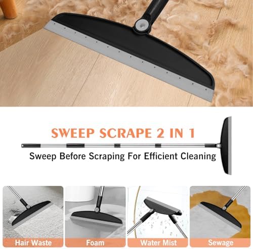 Multifunction Silicone Broom, 54 Inch Long Handle Silicone Floor Squeegee Broom, Sweep and Scrape 2 in 1 Household Cleaning Broom for Floor, Bathrooms, Kitchens, Showers, Tile, Pet Hair, Black Grey