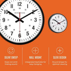 MARATHON 10” Analog Clock, Black - Silent, Continuous-Sweep Second Hand - Easy-to-Read Dial - 12 & 24-Hour Markers - Integrated Keyholes for Easy Wall Mounting