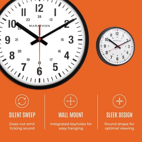 MARATHON 10” Analog Clock, Black - Silent, Continuous-Sweep Second Hand - Easy-to-Read Dial - 12 & 24-Hour Markers - Integrated Keyholes for Easy Wall Mounting