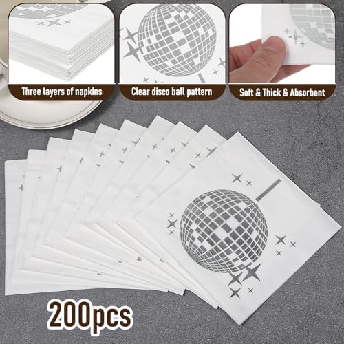 200 Pack Silver Napkins Disco Party Supplies - 25x25cm Black with Silver Foil Design, 20 Count per Pack, Disposable Cocktail Napkins for 70s 80s 90s Theme Birthday Engagement Graduation