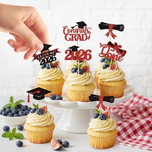 2026 Graduation Cupcake Toppers, 36 pack Red Glitter Class of 2026 Congrats Grad Diploma Graduation Cap Cupcake Picks for 2026 Graduation Party decorating Supplies