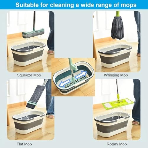 Collapsible Mop Bucket with Handle - 12L/3.17 Gallon Small Foldable Bucket with Wheels for House Cleaning/Car Washing/Camping Portable Rectangular Handy Basket Plastic Bucket for Cleaning Mop (Blue)