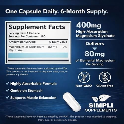 Magnesium Glycinate 400mg per Serving – High Absorption – Gentle on Stomach – Supports Sleep, Relaxation, Muscle, Bone & Immune Health – Non-GMO, Vegan, 180 Capsules