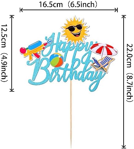 1 PCS Summer Beach Happy Birthday Cake Topper Glitter Ball Sun Umbrella Water Gun Pool Cake Pick for Hawaiian Holiday Baby Shower Birthday Party Cake Decorations Supplies Blue