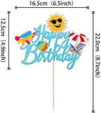 1 PCS Summer Beach Happy Birthday Cake Topper Glitter Ball Sun Umbrella Water Gun Pool Cake Pick for Hawaiian Holiday Baby Shower Birthday Party Cake Decorations Supplies Blue