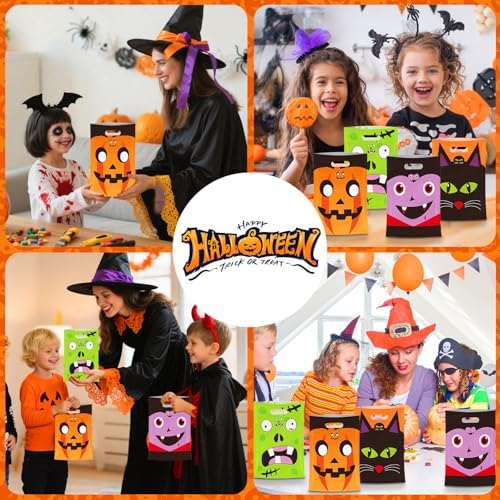 50 Pcs Halloween Goodie Bags with Handles, Happy Halloween Treat Bag, Plastic Trick or Treat Pumpkin Gift Goody Candy Cookie Snack Party Favor Bags Bulk for Trick or Treating Helloween Party Supplies