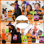 50 Pcs Halloween Goodie Bags with Handles, Happy Halloween Treat Bag, Plastic Trick or Treat Pumpkin Gift Goody Candy Cookie Snack Party Favor Bags Bulk for Trick or Treating Helloween Party Supplies