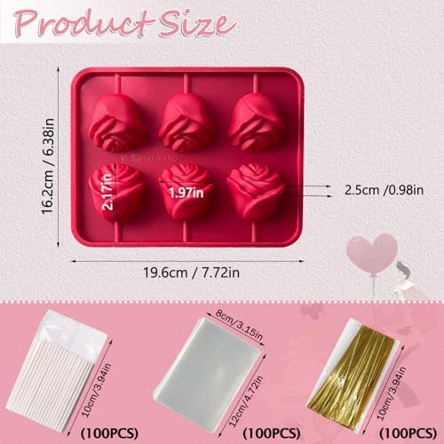 Rose Flower Lollipop Molds, 2 Pack Rose Silicone Chocolate Candy Molds with 100 Sticks 3D Flowers Cake Pops Mold Sucker Mold for Jelly Soap Hard Candy Mothers Day Cake Cupcake Decorations