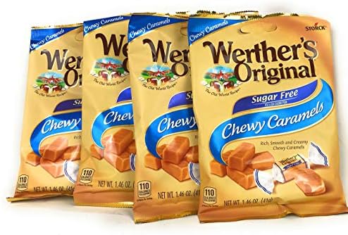Werther's Original Chewy Caramels Sugar Free Candies - Individually Wrapped Soft & Chewy Candy Pieces, Sweets for Parties or Holidays - 1.46 oz Bag (Pack of 4)