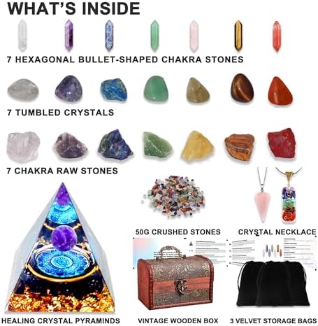 29pcs Healing Crystals Set, Crystals and Healing Stones,7 Raw Chakra Stones,7 Tumbled Stones, 7 Bullet Shaped Chakra Stones, 2 Chakra Necklace, Crystal Pyramid, Crystal Sets for Healing,Crystal Gifts