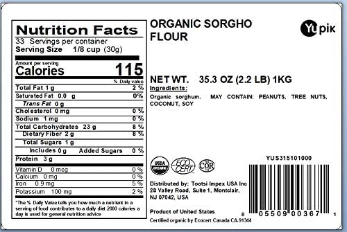 Yupik Organic Sorghum Flour 2.2 lb (35.3 oz), USDA Certified, Gluten-Free, Raw, Vegan, Kosher, Non-GMO, Mildly Sweet & Nutty, Low-Calorie, High in Fiber & Protein, Perfect for Baking