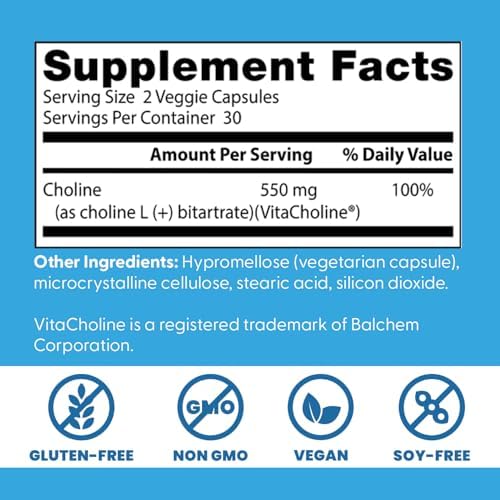 Doctor's Best Choline L-Bitartrate Supplement for Women & Men - Supports Prenatal Health & Liver Function, 550 mg Per 2 Capsule Serving, Vegan, Non-GMO, Gluten Free, Soy Free - 60 Veg Caps