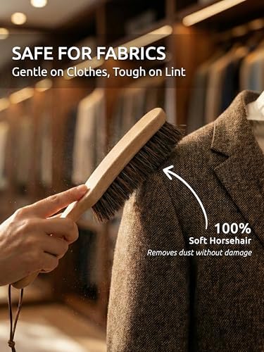 Lint Brush for Clothes with 100% Soft Horse Hair Bristle, Large Beech Wood Handle, Lint Remover for Hat, Pet Hair, Suits, Cashmere, Wool, Velvet, Suede, Shoe