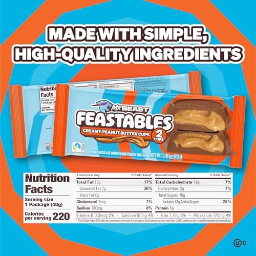 MrBeast Feastables Peanut Butter Cups, 24 Count, Milk Chocolate with Creamy Peanut Butter Filling, 2-Cup Packs, Fairtrade Cocoa