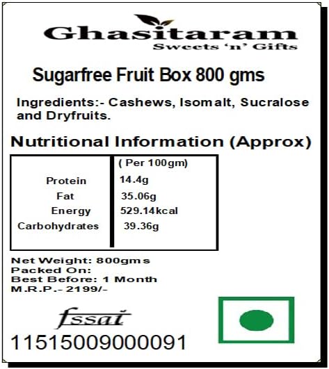 Ghasitaram Gifts Indian Sweets - Sugarfree Fruit Box 800 GMS