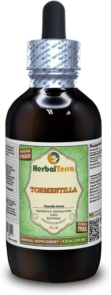 Tormentilla (Potentilla erecta) Glycerite, Dried Roots Alcohol-Free Liquid Extract (Brand Name: HerbalTerra, Proudly Made in USA) 4 fl.oz (120 ml)