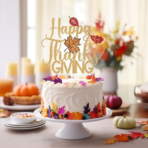 Happy Thanksgiving Cake Topper, Thankful Grateful Blessed Decor, Give Thanks, Fall Thanksgiving Autumn Festival Party Decorations, Gold Glitter