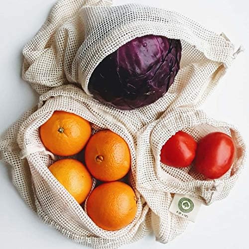 Reusable Cotton Mesh Produce Bags - 100% Organic Cotton, Durable, Double Stitched, Washable with Tare Weight & Drawstring - Mesh Bags for Grocery Shopping, Vegetables & Fruits | Set of 6 (2L, 2M, 2S)
