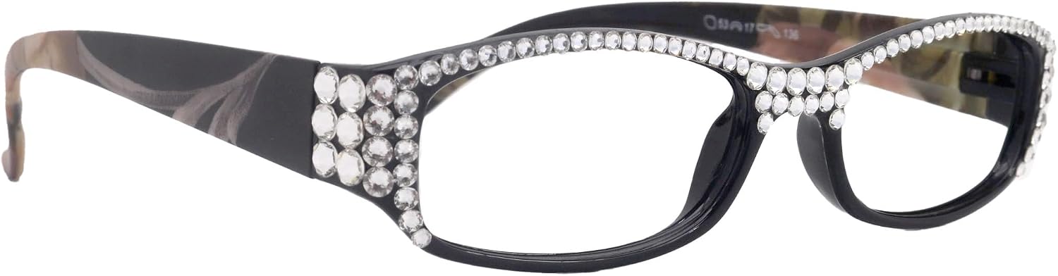 Rosie "NY Fifth Avenue Bling Reading Glasses (Black Frame) with Clear Genuine European Crystals on the Full Top."