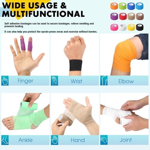 24 Pack Self Adhesive Bandage Wrap, 1 in x 5 Yards Non-Woven Self Adherent Cohesive Bandage, Vet Wrap Wound Tape for Thumb Finger Wrist Knee Ankle, White