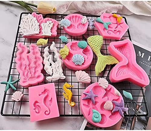 Mermaid Theme Cake Mold, Mermaid, Shell, Seaweed, Coral Silicone Mold Cupcake Toppers Mold for Candy,Chocolate,Fondant,Polymer Clay,Crafting Projects & Cake Decoration