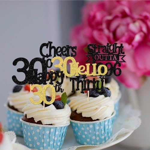 30PCS Happy 30th Birthday Cupcake Toppers Hello 30 Straight Outta 1996 Cupcake Picks Thirty Cheers to 30 Years Cake Decorations for 30th Birthday Anniversary Party Decorations Supplies Black Gold
