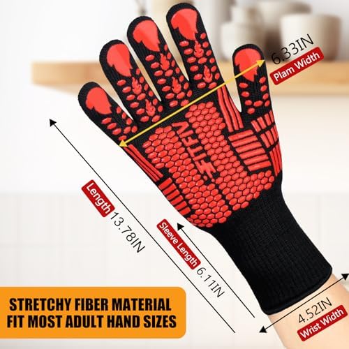 BBQ Gloves, Oven Gloves, 1472°F Extreme Heat Resistant Barbecue Gloves, Silicone Non-Slip Oven Mitts, Kitchen for Cooking, Grilling, and Baking (Red)