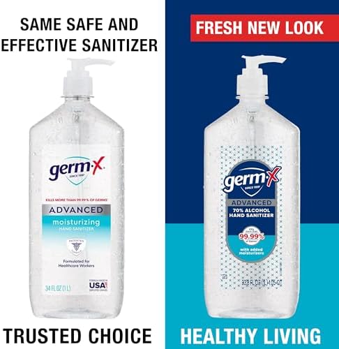 Germ-X Advanced Hand Sanitizer, 34 Fl Oz (1 Liter), Less Drying Moisturizing Clear Gel, No Rinse Formula, Large Family Size Pump Bottle