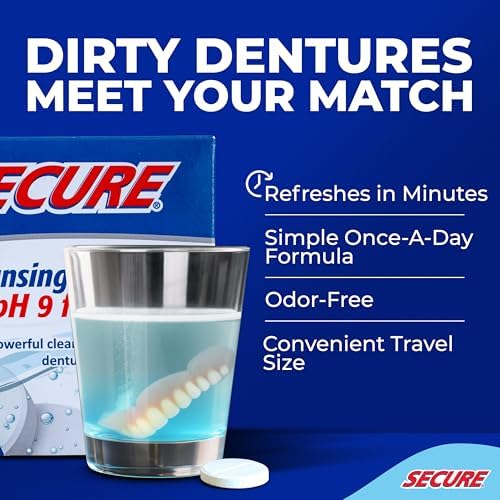 Secure Daily Cleansing Tablets - pH 9 Formula Thoroughly Cleans Dentures - Fights Odors, Stains & Germs - For Dentures, Nightguards, Retainers & Partials - 32 Tablets (4 Pack)