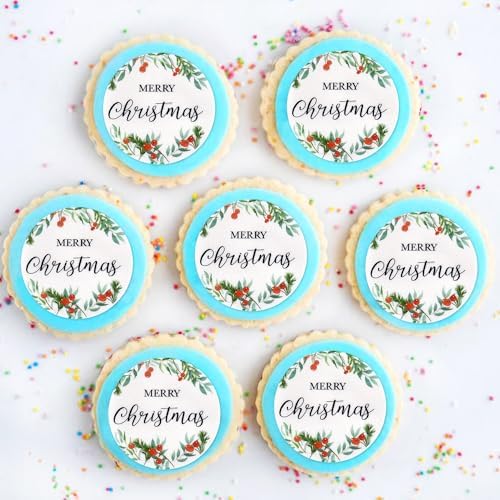 Ercadio 40 Pcs Edible Merry Christmas Cupcake Toppers Green Round Christmas Cupcake Drink Topper Picks for Xmas Eve New Year Holiday Party Cake Decorations Supplies
