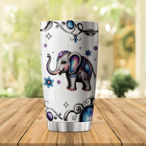 Cute Colorful Elephant With Floral Jewel Design Stainless Steel Tumbler For Lovers Women Gifts 20 Oz Heat Insulated Tea Hot Bottle Iced Coffee Outdoor Drink Travel Cool