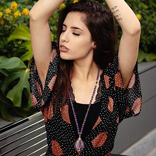 Jovivi Natural Amethyst Quartz Healing Crystals Necklace Wire Wrapped Teardrop Life Tree Chakra Gemstone Pendant 28" Mala Beads Chain