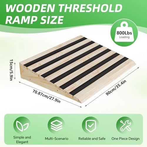PAKASEPT 5.9" Wooden Threshold Ramp for Home Steps, Door Ramp with Non-Slip Grooves for Wheelchair/Walker/Cart/Scooter, 1100LBS Load Capacity